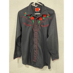 Ely Diamond Cattleman Black Embroidered American Rose Shirt 16.5-33